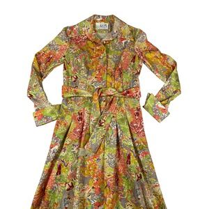 Vintage Leslie Fay Knits Maxi Dress 70s Scenic Novelty Print Belted Multi-Color